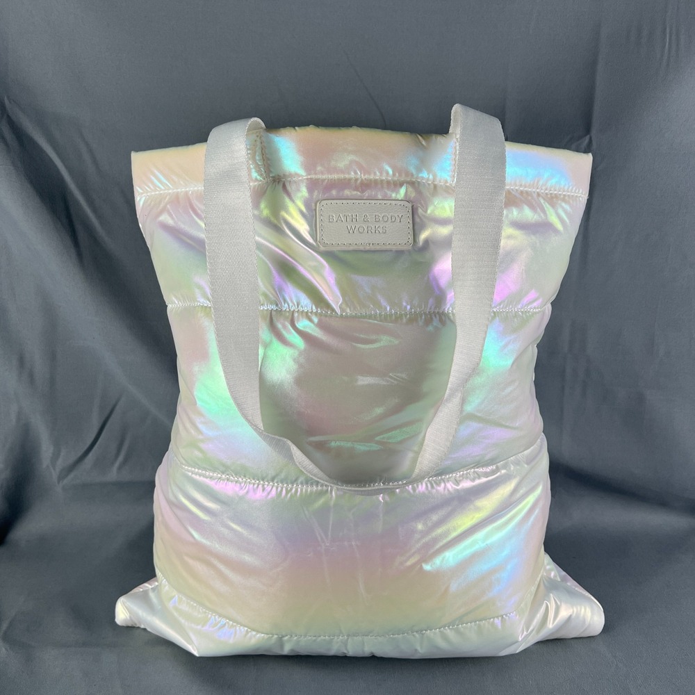 Bath & Body Works Iridescent Tote Bag Womens White Puffer Double Handle Casual